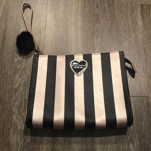 Large Betsey Johnson Pink and Black Striped Clutch